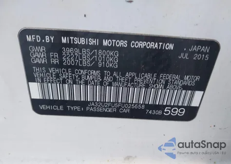 2015 Mitsubishi Lancer Es из США, поврежденный, VIN JA32U2FU5FU025558